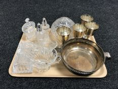 A tray of plated dish and goblets, glass ware, butter dish, sugar sifters,