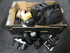 A box of camera bag, Pentax spotmatic camera,