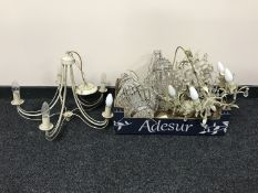 A box of four light fittings and a pair of chrome and glass wall lights
