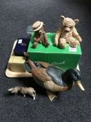 A tray of two John Beswick teddy bears (one boxed), boxed High Bank porcelain figure - Dolphin,