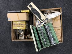 Two boxes of vintage tins, oxo money box, knitting patterns, china trinket box etc.