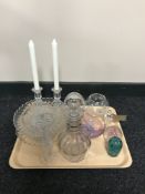 A tray of glass, including a pair of Stewart Crystal candlesticks, lead crystal comport and basket,