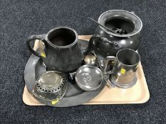 A tray of plated and pewter items including twin handled pot, charger, teapot, cutlery etc.