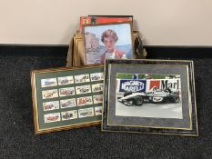 A box of assorted pictures and prints including a Henry Brewis golfing print, copper panel,