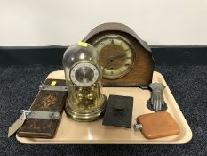A tray of oak cased mantle clock, tie press, anniversary clock,