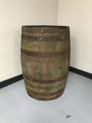 A coopered oak whiskey barrel