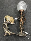 A bronzed table lamp - figure of a maiden and a figure of a leopard