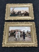 A pair of French colour prints - Returning the Catch and Greek Gods in ornate gilt frames