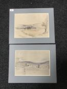 Two unframed Mary Hancock watercolours - Raby Castle and Romalo Kirk