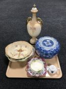 A tray of Crown Devon Fieldings lidded vase, two Crown Devon bowls, lidded pumpkin vase,