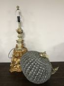 A contemporary cream and gilt lamp base together with a brass and glass ball chandelier