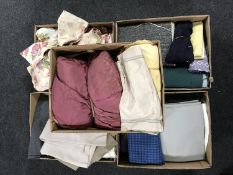 Five boxes and a bag containing a large collection of vintage material, cotton shirts,
