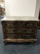 A late 19th century walnut marble topped three drawer chest