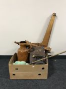 A box of West German jug, hickory shafted golf club, shoe shine kit, vintage chair frame etc.
