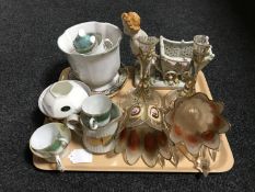A tray of continental china planter in the form of a cherub pulling a barrow, assorted tea china,