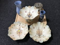 A tray of two Crown Devon bowls with matching comport, two Wedgwood jasper ware vases,