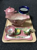 A tray of nine pieces of Maling china, pink lustre vase and biscuit barrel, Peony rose trinket tray,
