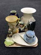 A tray of Maling storm pattern vase, Wedgwood interiors vase, Kelsboro character jug,