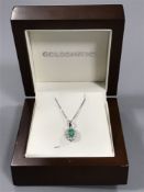 An 18ct white gold emerald and diamond cluster pendant on chain