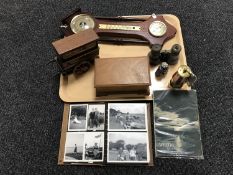 A tray of contemporary barometer, copper and brass miners lamp, field glasses,