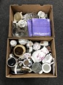 Two boxes of continental tea china, boxed Wedgwood plates, glass ware,