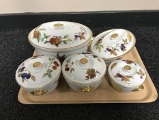 A tray of six Royal Worcester lidded oven dishes together with two Evesham soufle dishes