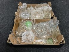 Two boxes of glass, including crystal candlesticks, vases,