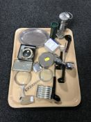 A tray of boxed miniature miners lamp together with a chrome S.