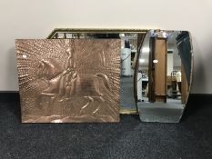 An octagonal gilt framed mirror together with a frameless mirror and a hammered copper plaque