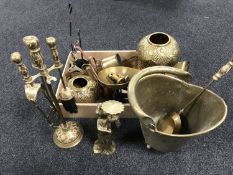 A box of brass including scales and weights, companion set, embossed vases, gavel etc.