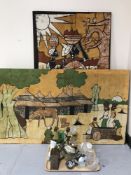 Two large screen prints on canvas together with tray of glass ware, fruit bowl, ships decanter,