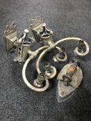 A vintage gas iron together with two ornate chrome light fittings