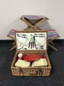 A Wicker cased mid twentieth century picnic set together with three folding stools
