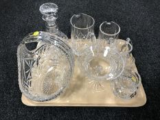 A tray of crystal, graduated jugs, decanter with stopper, vases, a Waterford crystal comport etc.