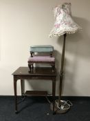 A mahogany occasional table on tapered legs together with two upholstered stools with standard lamp