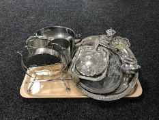 A tray of silver plated ware, gong & beater, hand mirror, serving tray, spoons, miniature comports,