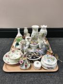 A tray of china to include Aynsley vases, Wedgwood, Spanish clown figure, Maling sugar basin,