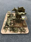 A tray of brass - postal scales, horse and carriage,