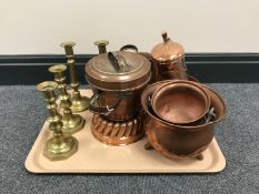 Two pairs of brass candlesticks together with assorted copper ware including a floral embossed jug,