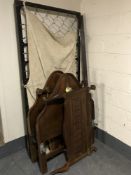 A pair of mahogany 3' bed frames with one spring base,