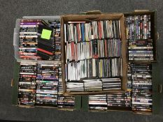 Four boxes of dvds together with a box of cds and a box containing magazines,
