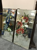 An Edwardian oak overmantel mirror and two hand painted un-framed mirrors