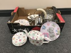 A box containing Heritage cupcake pattern china, fruitbowl and kettle,