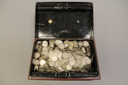 A tin containing a very large quantity of silver three penny bits, 72.