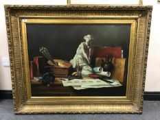 Continental School : A Gentleman's library still life, oil on canvas, 100 cm x 75 cm, framed.