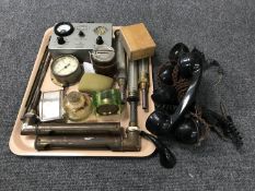 A tray of Siemens Ediswan Transistor Tes Set, brass gauge, cigarette box,