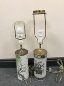 Two cylindrical 20th century Chinese vases converted to table lamps with continental wiring