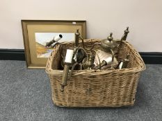 A basket of three brass light fittings, marble table lamp,