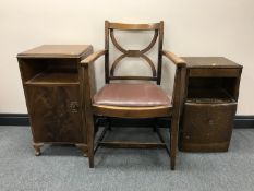 An oak carver armchair together with an oak bedside cabinet and a mahogany Queen Anne style bedside