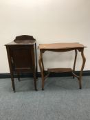 A Victorian inlaid mahogany pot cupboard together with a shaped mahogany two-tier occasional table